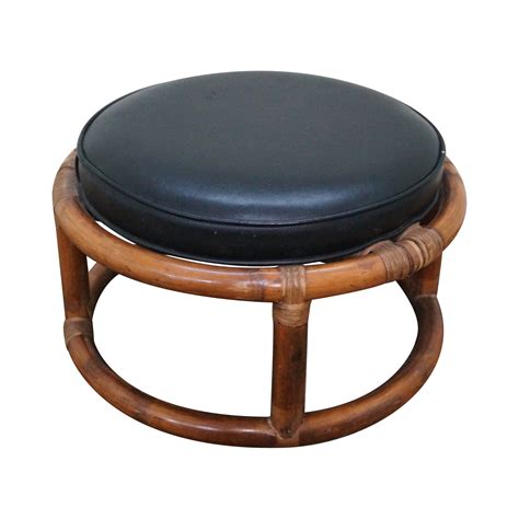 Vintage Round Rattan Bamboo Ottoman Footstool | Chairish