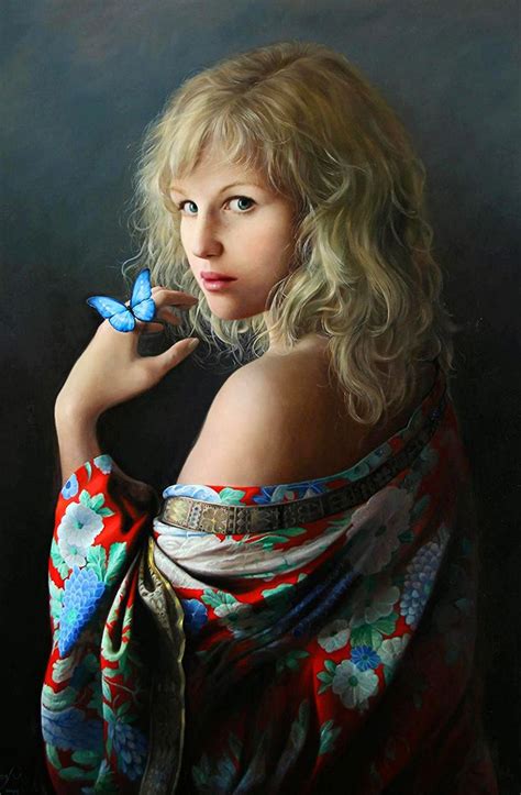 Pieter Wagemans, oil on canvas {figurative realism art beautiful blonde female blue butterfly ...