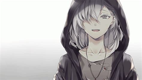 Anime boy, white hair, hoodie, smiling, necklace, gray eyes, Anime, HD wallpaper | Peakpx