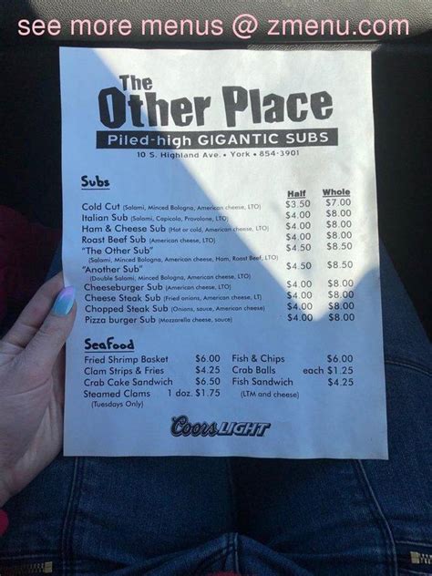 Online Menu of The Other Place Restaurant, York, Pennsylvania, 17404 - Zmenu