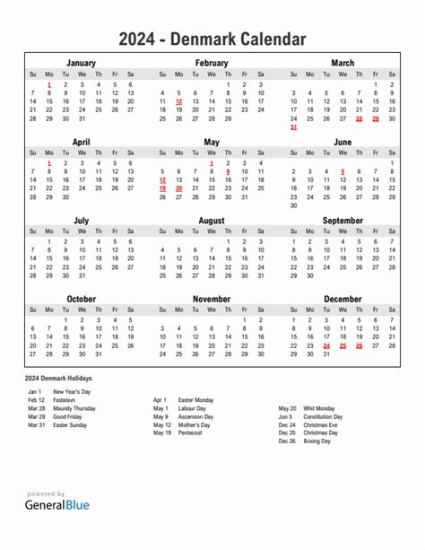 Year 2024 Simple Calendar With Holidays in Denmark