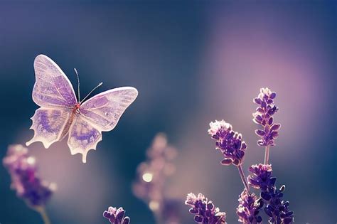 Premium Photo | Delicate purple flowers and a butterfly with pink wings flies on them 3d ...