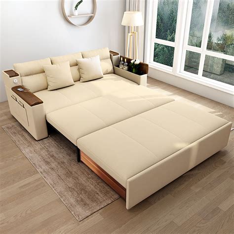 82.7" Beige Full Sleeper Sofa Linen Convertible Sofa Bed Storage & Side ...