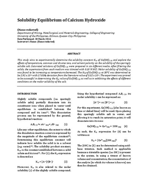 (PDF) Solubility Equilibrium of Calcium Hydroxide