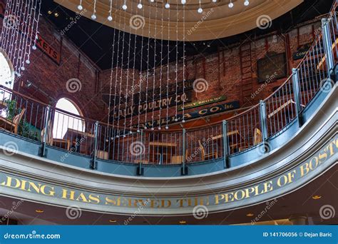 Boston, USA- March 01, 2019: Quincy Market, Shopping Center with Many ...