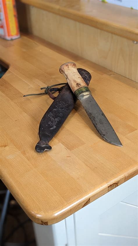 Helle Hunting Knife and Leather Sheath With Deer and Dog Inscribed Heart Tip, Collectable, Gift ...