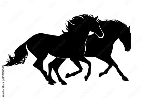 pair of wild mustang horses running free - black vector silhouette design Stock Vector | Adobe Stock