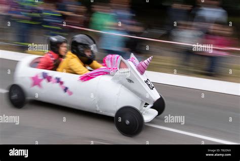 Osnabrück, Lower Saxony, Germany A soapbox in the shape of a unicorn drives on a road during a ...