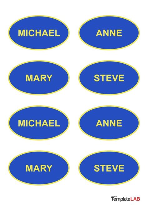 blue oval name tags with yellow trims and names in the middle, which