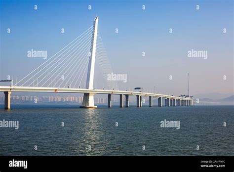 Shenzhen Bay Bridge under the blue sky, cable-stayed bridge from ...