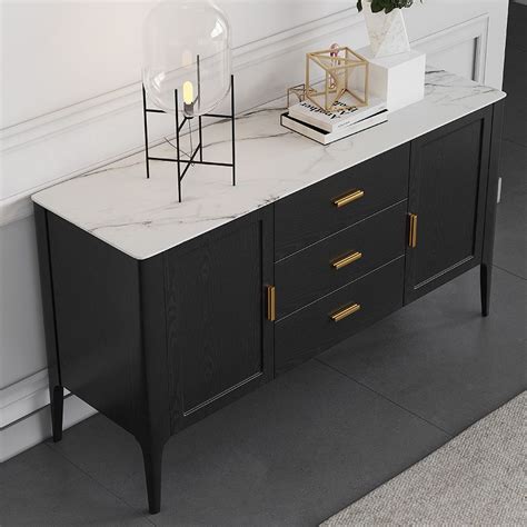 Modern Black Faux Marble Top Buffet Drawers & 2 Doors Kitchen Cabinet ...