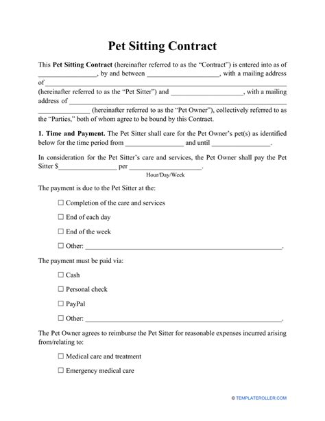 Pet Sitting Contract Template - Fill Out, Sign Online and Download PDF | Templateroller