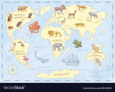 Vintage world map with wild animals and mountains Vector Image