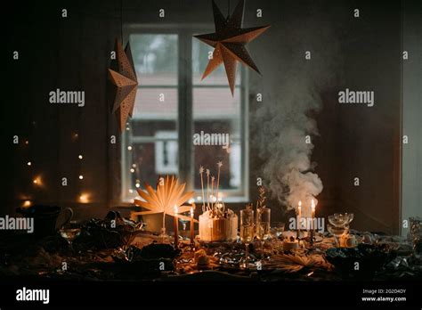 Star decorations and set table at birthday party Stock Photo - Alamy