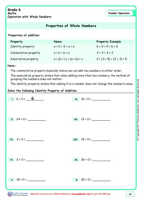 Properties Of Numbers Worksheet Worksheet Grade 6 Math Properties Of whole Numbers In 2020 ...