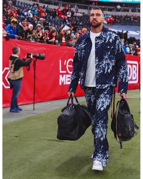 Travis Kelce Blue Slashed Floral Print Denim Suit