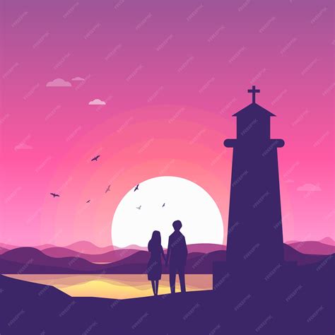 Premium Vector | Couples sunset lighthouse church silhouette