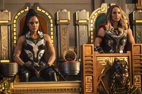 Tessa Thompson as King Valkyrie and Natalie Portman as The Mighty Thor in Thor: Love and Thunder ...