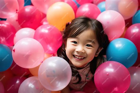 Premium AI Image | Happy young korean girl years old playing balloons ...