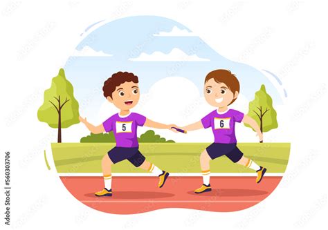 Relay Race Illustration Kids by Passing the Baton to Teammates Until Reaching the Finish Line in ...