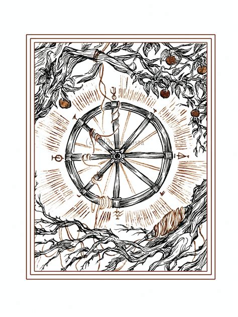 Art Tarot Card Print x. Wheel of Fortune Ink Illustration in Black and ...