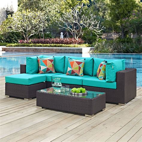 Convene 5 Piece Outdoor Patio Sectional Set in Espresso Turquoise | Patio sectional, Outdoor ...