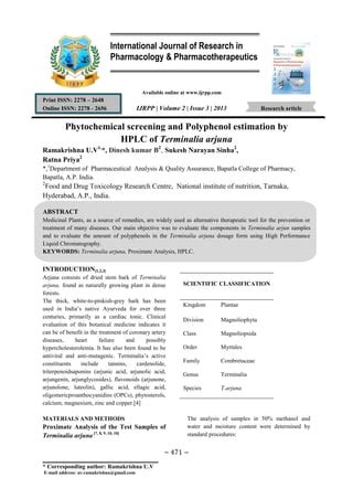 Phytochemical screening and Polyphenol estimation by HPLC of Terminalia arjuna | PDF