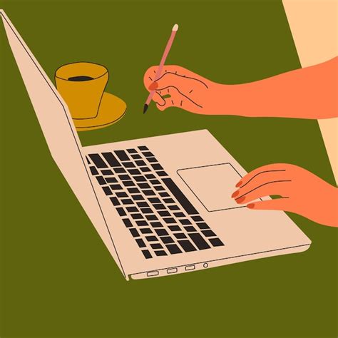 Premium Vector | Female hands working on laptop. coffee on working desk. point of view on laptop ...