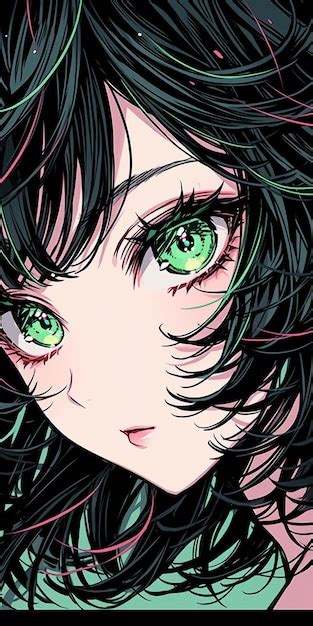 Premium AI Image | A drawing of a girl with green eyes and green eyes.