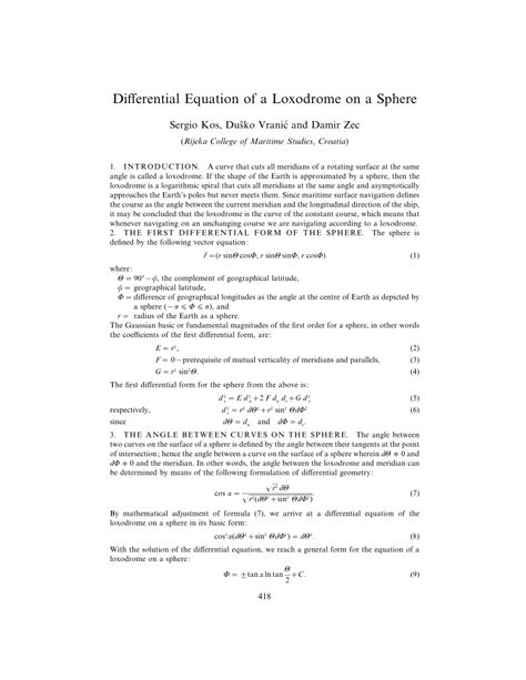 (PDF) Differential Equation of a Loxodrome on a Sphere