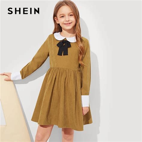 SHEIN Kiddie Brown Girls Contrast Collar Bow Front Preppy Dress Kids ...