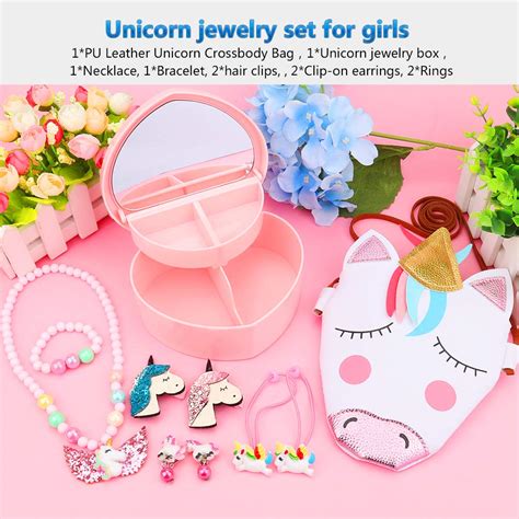 PU Leather Unicorn Crossbody Bag Hair Clips & Jewelry Box Gift Sets for Girls Bracelet Earring ...