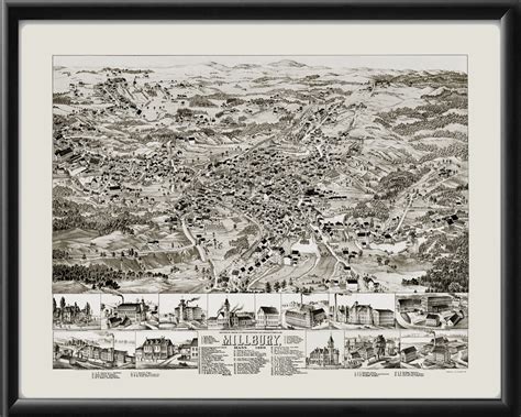 Vintage City Maps - Bird's eye view map of Millbury, MA 1880