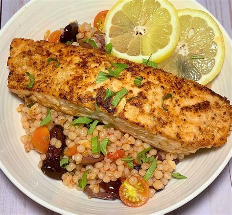 Salmon Couscous with Olives, Tomatoes