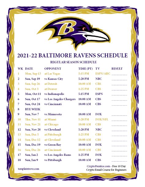 Printable 2021-2022 Baltimore Ravens Schedule