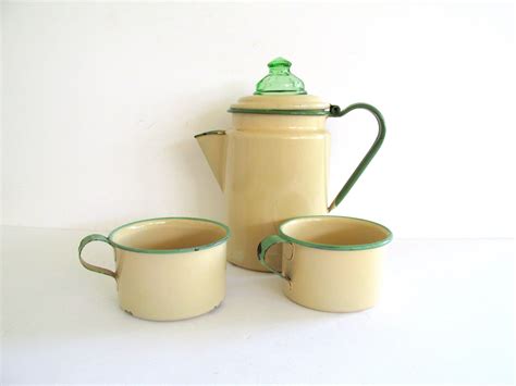 Vintage Cream Enamelware Coffee Pot Green Trim Two Matching | Etsy | Vintage coffee pot ...