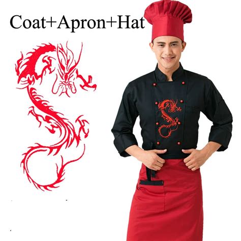 3 Pcs Hotel Chef Uniform with Apron Hat Male Restaurant Kitchen Chinese Cooking Wear Dragon Cook ...