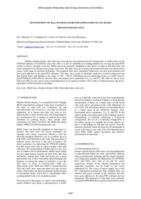 (PDF) Development of InxSey Buffer Layers for Application in CdTe Based Thin Film Solar Cells ...