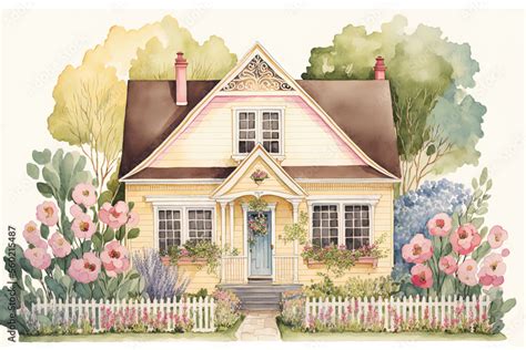 Cute hand painted home front with horizontal siding and a backdrop of a flourishing flower ...