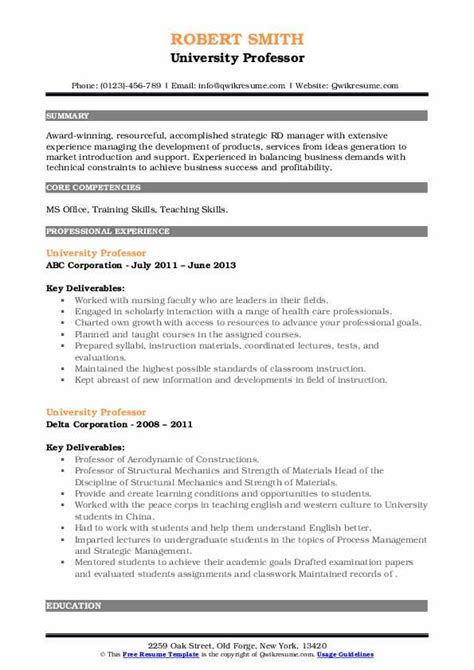 University Professor Resume Samples | QwikResume