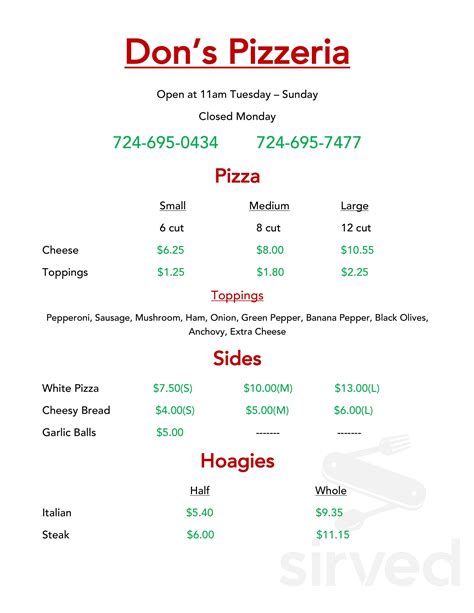 Don's Pizzeria menu in Oakdale, Pennsylvania, USA