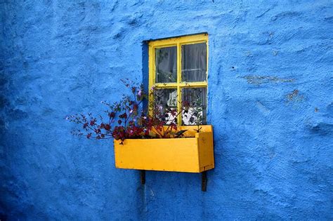 house, home, residence, exterior, concrete, blue, wall, yellow window, pane, flowers, box | Pikist