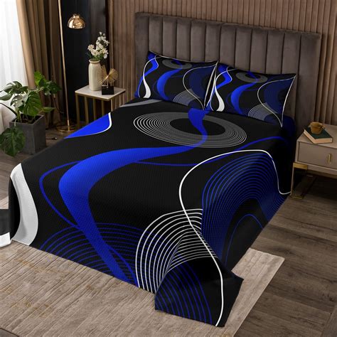 YST Geometric Quilt Set Twin, Blue Black White Bedspread Set For Boys Men, Geometry Stripe Line ...