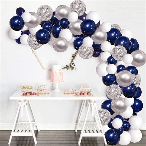 120 pcs Matte Navy Blue and Silver Confetti White Balloons Arch with ...