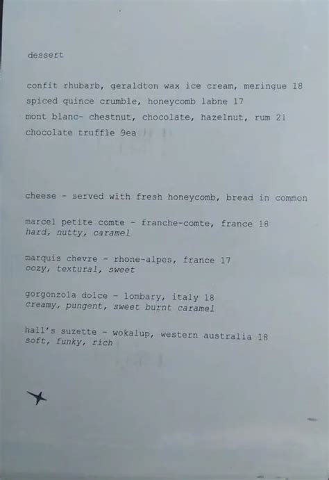 Menu at Balthazar restaurant, Perth