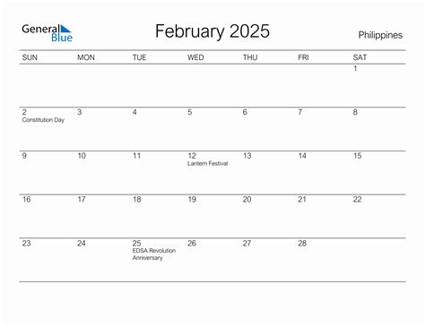 Printable February 2025 Monthly Calendar with Holidays for Philippines