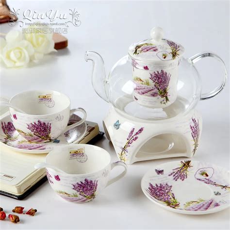 Fashion Rural Floral Style Flower Tea Sets Glass Teapot+Coffee Cups And Saucers 6 Piecess ...