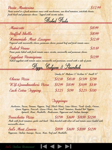 Menu for Sal's Italian Restaurant in Roanoke, Virginia