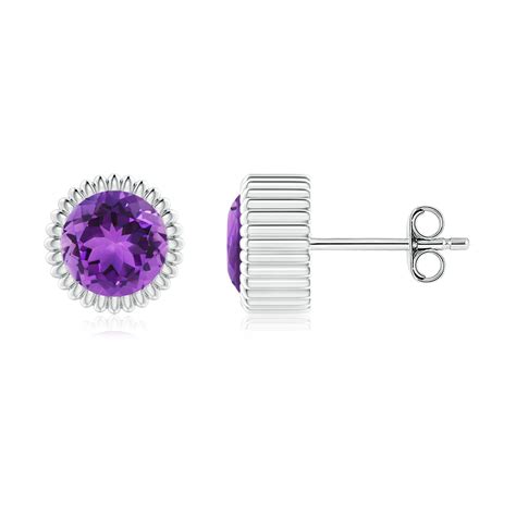 Bezel-Set Solitaire Round Amethyst Beaded Halo Studs | Angara