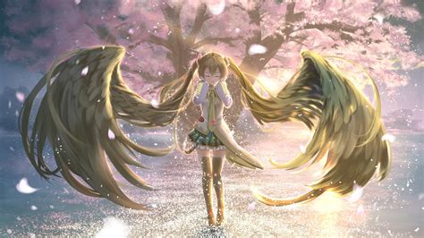 anime Girls, Vocaloid, Twintails, Hatsune Miku, Thigh highs, Skirt, Wings, Cherry Blossom ...